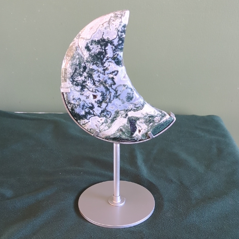 Moss Agate Moon With Druzy Pockets Statement Piece On Silver Stand